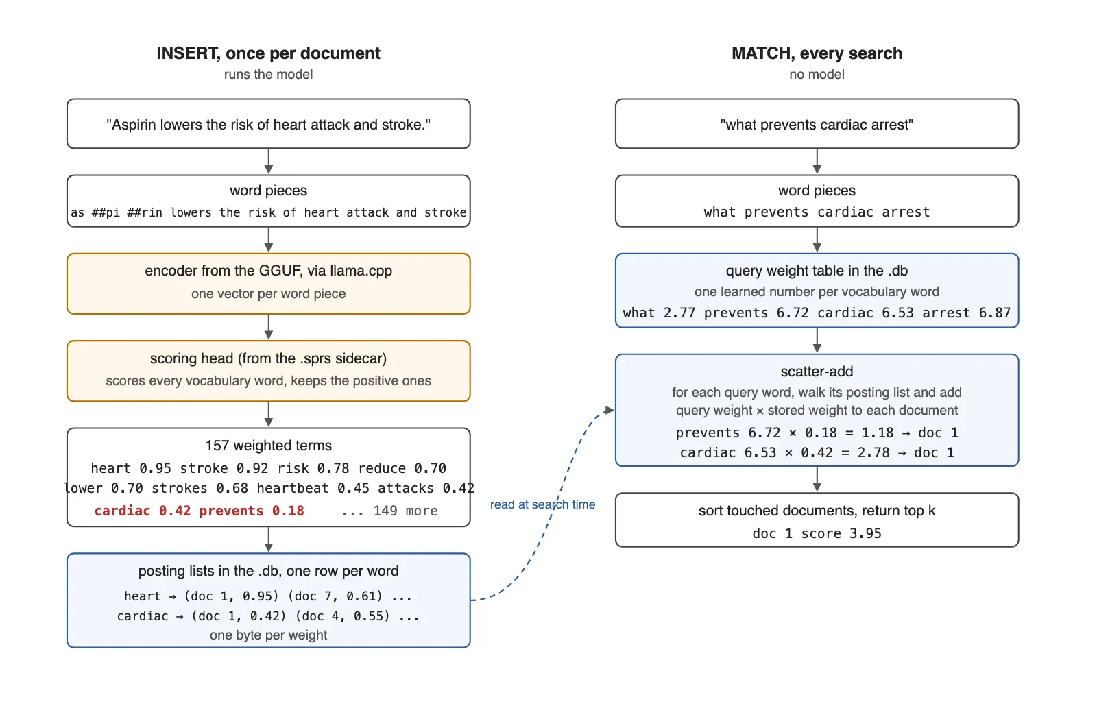 How sqlite-sparse works: INSERT runs the encoder once per document and stores weighted terms as posting lists; MATCH tokenizes the query, reads weights from the file and scatter-adds over posting lists with no model