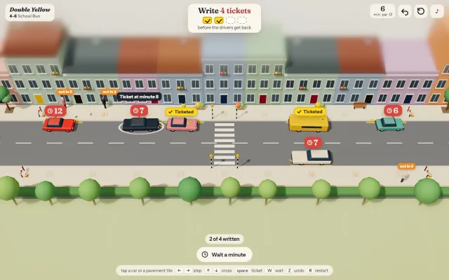 A traffic warden on a toy street with countdown tags over parked cars and a route preview
