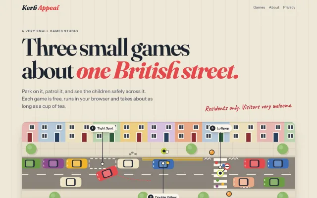 The Kerb Appeal hub page: three game cards on a hand-drawn map of one terraced street