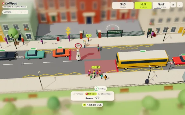 The lollipop lady holding up her sign while children cross a toy street outside a primary school