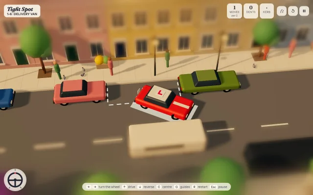A red learner car reversing into a gap between parked toy cars on a tilt-shift street